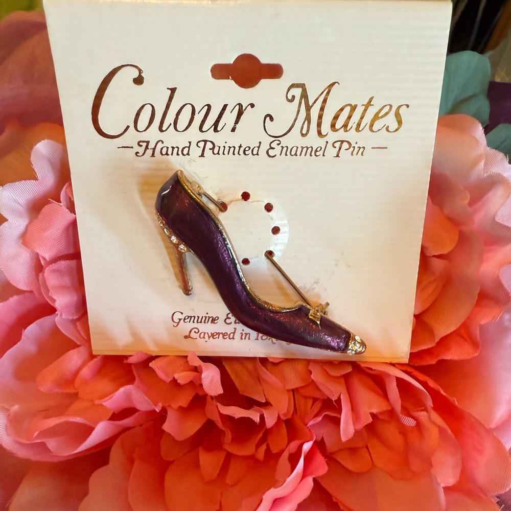 Colour Mates Hand Painted Purple High Heel Shoe Brooch with Crystals NIP